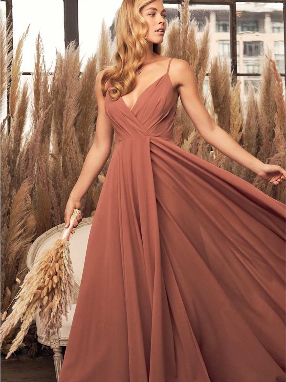 Lulus Rust Terracotta Satin V Neck Bridesmaid Maxi Dress Size Small